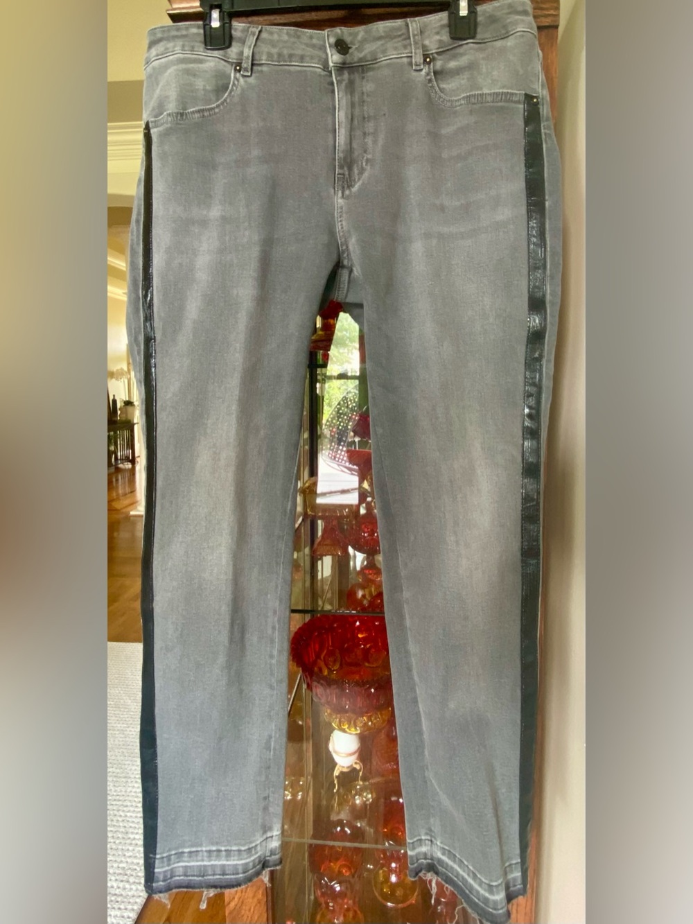Escada Womens Grey Jeans with Black Patent Side Stripe 44